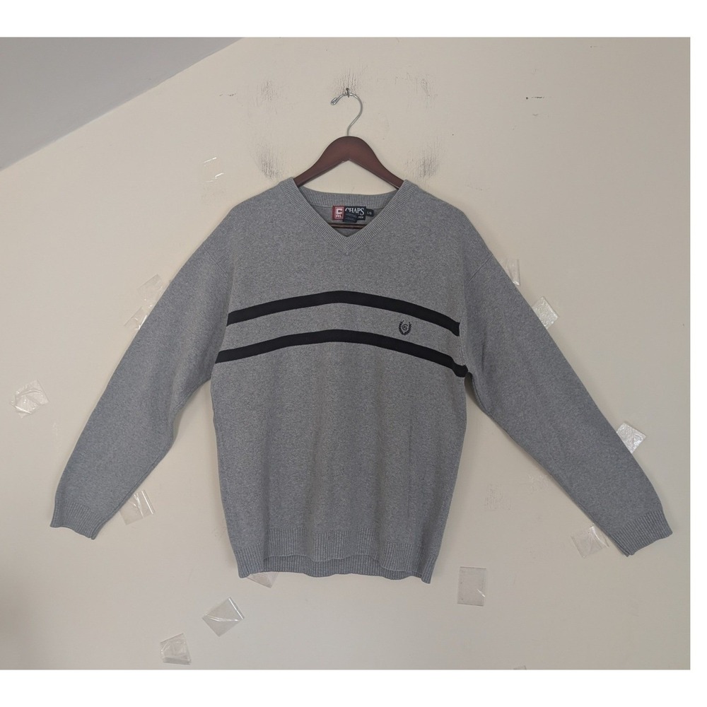 Chaps Ralph Lauren Mens V-Neck Sweater Grey Navy Blue Stripe Cotton Large